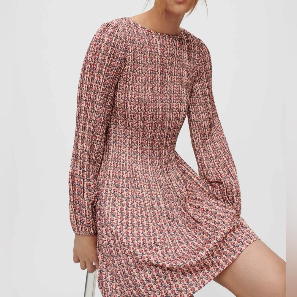 Maje Red and Cream Patterned printed pleated Long Sleeve Dress